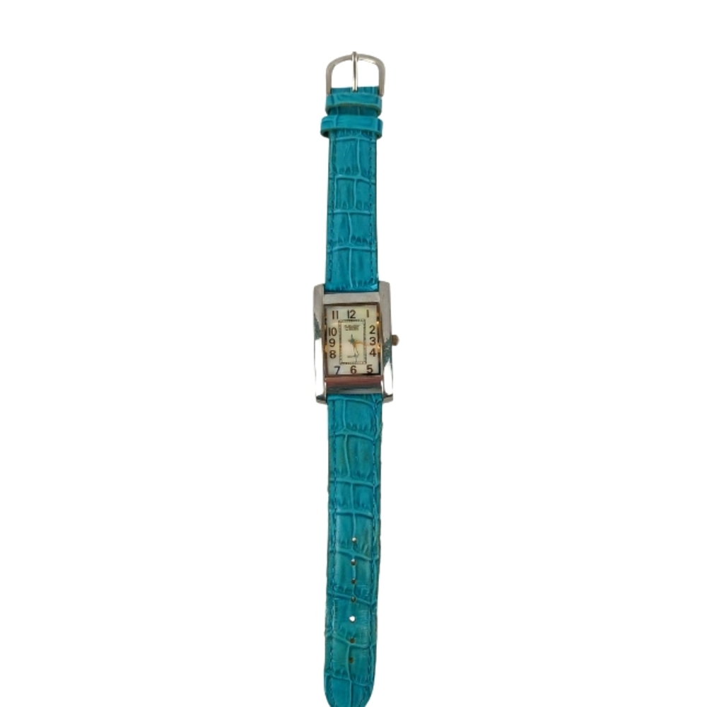 Gruen Embassy Silver Tone Watch Turquoise Teal Leather Band New Battery